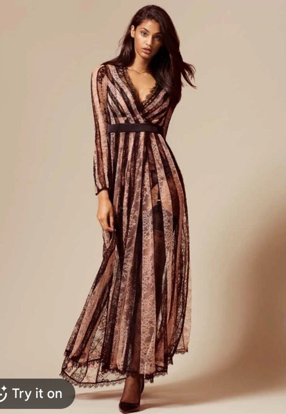 agent provocateur $1,985 saffi gown nude black lace robe sheer sz 4 (US sz L)